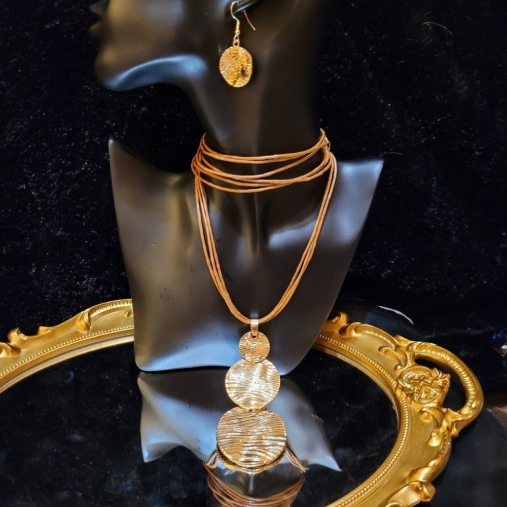 Artisan Graduating Gold Medallion Long Leather Necklace Set